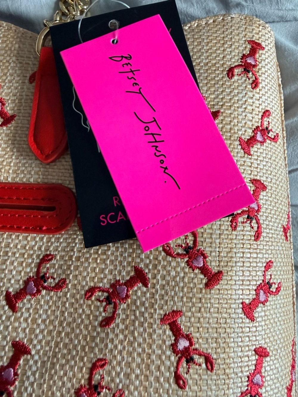 Betsey Johnson Lobster Print Straw Tote with Blue Stripe Scarf—NWT - Picture 3 of 6